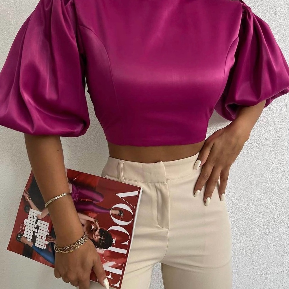 Chic Fuchsia Puff Sleeve Crop Top